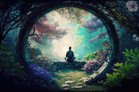 person, sitting in tranquil garden, practicing transcendental meditation, created with generative aiの素材