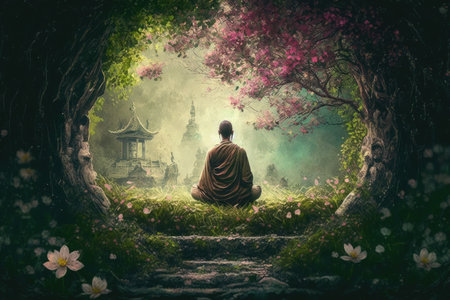 person, meditating in tranquil garden, surrounded by peaceful nature, created with generative aiの素材