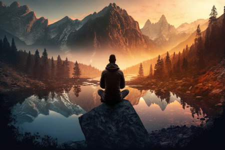 person, practicing transcendental meditation at sunrise, with view of beautiful nature, created with generative aiの素材