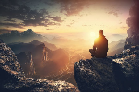 person, practicing transcendental meditation at sunrise, with view of beautiful nature, created with generative aiの素材