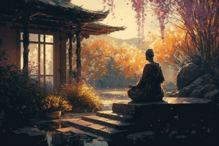 person, meditating in the calm and peaceful garden, created with generative aiの素材