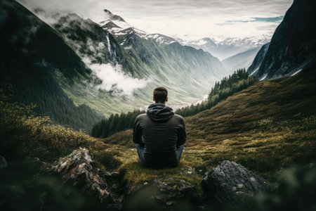 person, practicing transcendental meditation in the mountains, surrounded by nature, created with generative aiの素材