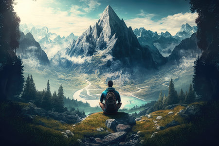 person, practicing transcendental meditation in the mountains, surrounded by nature, created with generative aiの素材