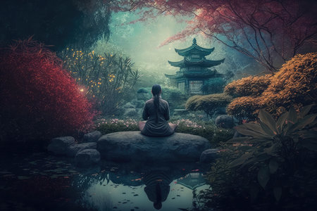 person, meditating in peaceful garden setting, created with generative aiの素材