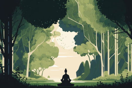 person, meditating in peaceful park setting, surrounded by greenery, created with generative aiの素材