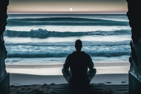 person, practicing transcendental meditation, with view of peaceful beach and waves in the background, created with generative aiの素材