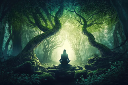 person, meditating in tranquil forest setting, created with generative aiの素材