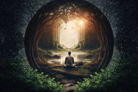 person, meditating in tranquil forest setting, created with generative aiの素材
