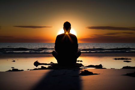 person, meditating on beach, with sun setting in the background, created with generative aiの素材