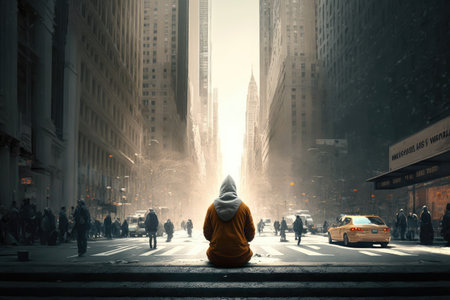 person, practicing transcendental meditation in the midst of busy cityscape, created with generative aiの素材