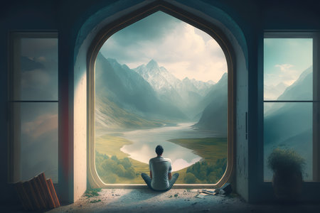 person, deeply immersed in transcendental meditation experience, with view of peaceful scenery visible through window, created with generative aiの素材