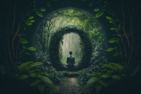 person, practicing transcendental meditation, surrounded by lush greenery, created with generative aiの素材