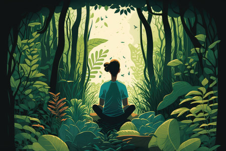 person, practicing transcendental meditation, surrounded by lush greenery, created with generative aiの素材