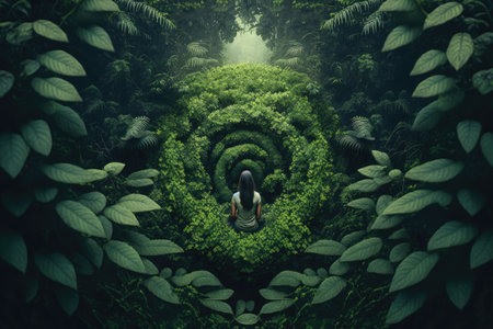person, practicing transcendental meditation, surrounded by lush greenery, created with generative aiの素材