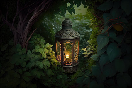 lantern surrounded by lush greenery in natural setting, created with generative aiの素材