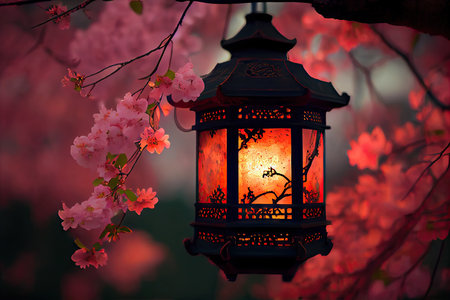 lantern hanging from tree branch, surrounded by lush greenery, created with generative aiの素材