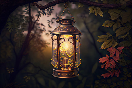 a lantern hanging from a tree, surrounded by lush greenery, created with generative aiの素材