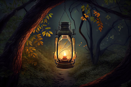 lantern hanging from tree branch, surrounded by forest, created with generative aiの素材