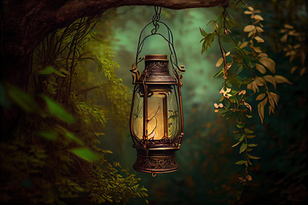 lantern hanging from tree branch, surrounded by lush greenery, created with generative aiの素材