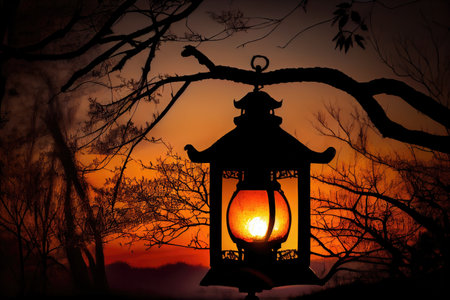 lantern illuminated by the rising sun, with silhouette of trees in the background, created with generative aiの素材