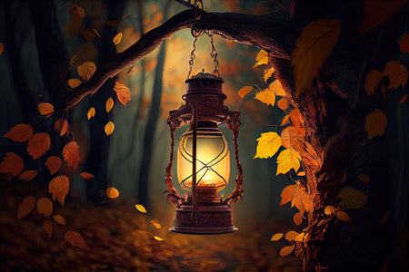 lantern hanging from tree in the forest, with lantern light shining through the foliage, created with generative aiの素材