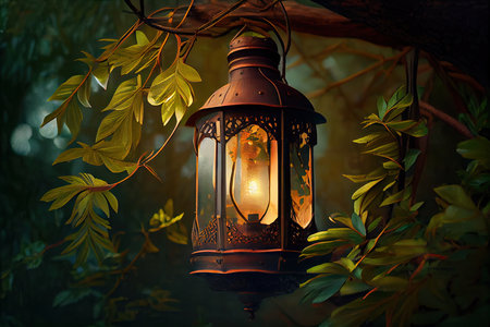 lantern hanging from tree branch, surrounded by lush greenery, created with generative aiの素材