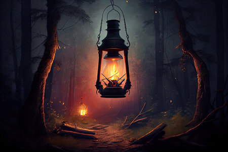 campfire burning in the woods, with lantern hanging overhead, created with generative aiの素材