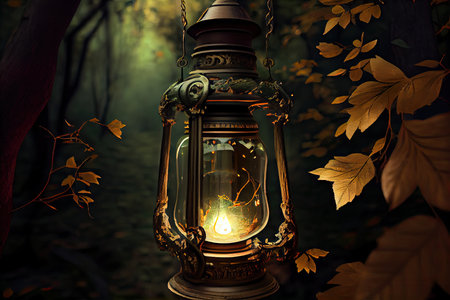 lantern hanging from tree branch, surrounded by lush greenery, created with generative aiの素材