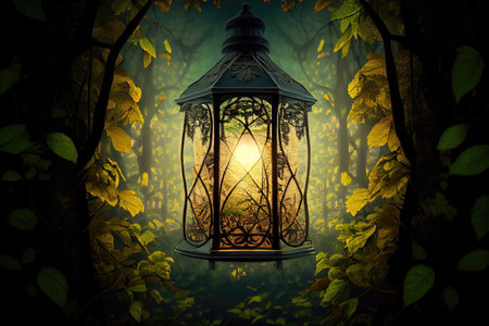 lantern hanging from tree branch, surrounded by lush greenery, created with generative aiの素材
