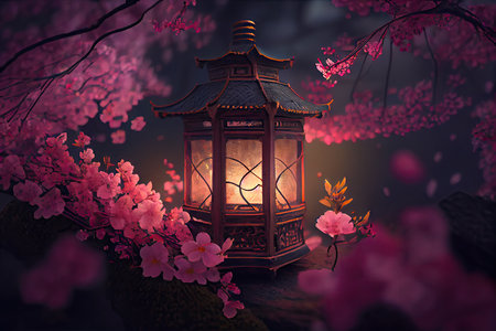 lantern surrounded by blooming cherry blossoms in spring, created with generative aiの素材
