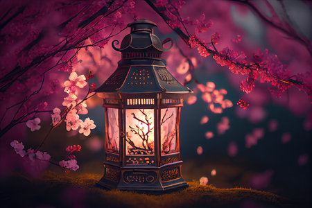 lantern surrounded by blooming cherry blossoms in spring, created with generative aiの素材