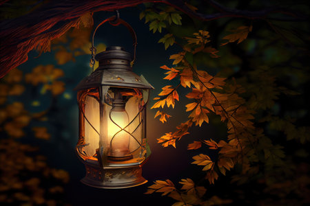 lantern hanging from tree branch, with the lantern light shining through the foliage, created with generative aiの素材