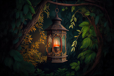 lantern hanging from the branch of a tree, surrounded by lush greenery, created with generative aiの素材