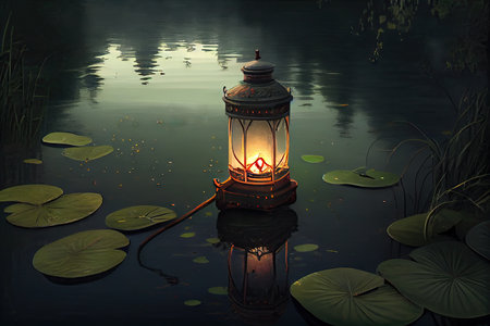 peaceful lake with lantern floating on the surface, created with generative aiの素材