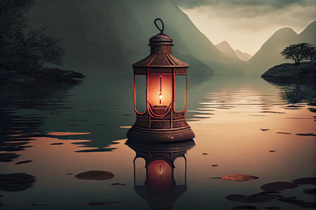 peaceful lake with lantern floating on the surface, created with generative aiの素材