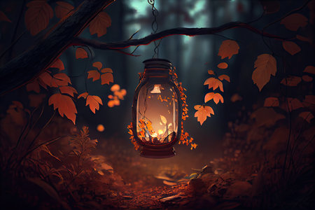 a lantern hanging from a tree branch, casting warm light on the forest floor, created with generative aiの素材