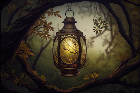 lantern hanging from tree branch, with view of the forest in the background, created with generative aiの素材