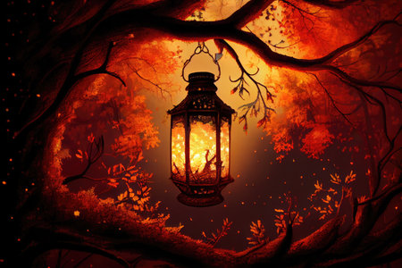 forest with lantern hanging from tree branch, casting its warm glow, created with generative aiの素材