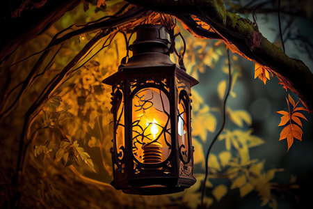 lantern hanging from tree branch, with lantern light shining through the leaves, created with generative aiの素材