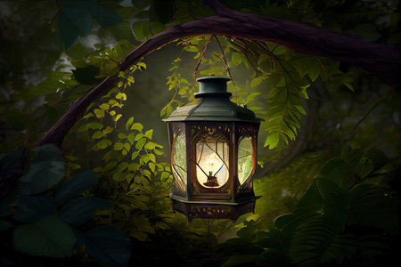 a lantern hanging in a tree surrounded by lush greenery, created with generative aiの素材