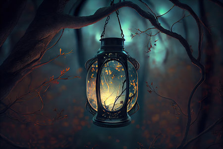 lantern hanging from tree branch, surrounded by forest, created with generative aiの素材