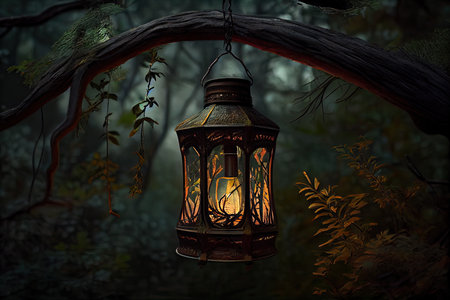 lantern hanging from tree branch, surrounded by forest, created with generative aiの素材