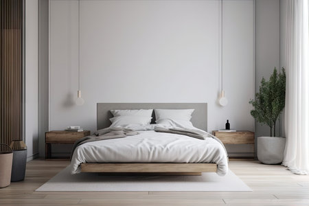 minimalist bedroom with sleek bed, nightstands, and minimalist dresser, created with generative aiの素材