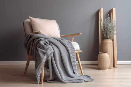 minimalist armchair with a stack of pillows and throw blanket, created with generative aiの素材
