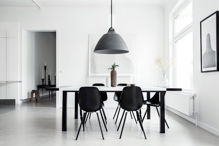 minimalist dining room, with sleek black chairs and table against white walls, created with generative aiの素材