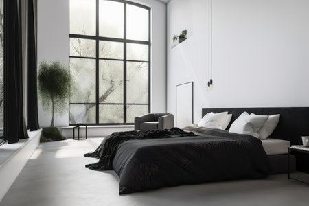 minimalist bedroom, with sleek black bed and white sheets, created with generative aiの素材