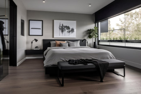 minimalist bedroom, with clean and sleek furniture and black accents, created with generative aiの素材
