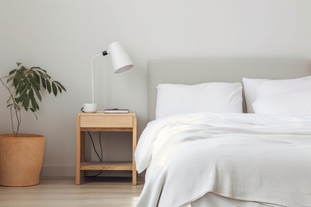 minimalist bedroom with natural wood nightstand and plush white sheets, created with generative aiの素材