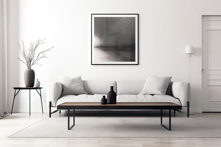 minimalist living room with sleek sofa, modern coffee table, and minimalist art, created with generative aiの素材