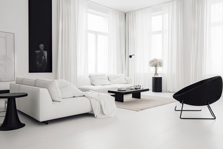 minimalist living room, with white furnishings and black accents, created with generative aiの素材